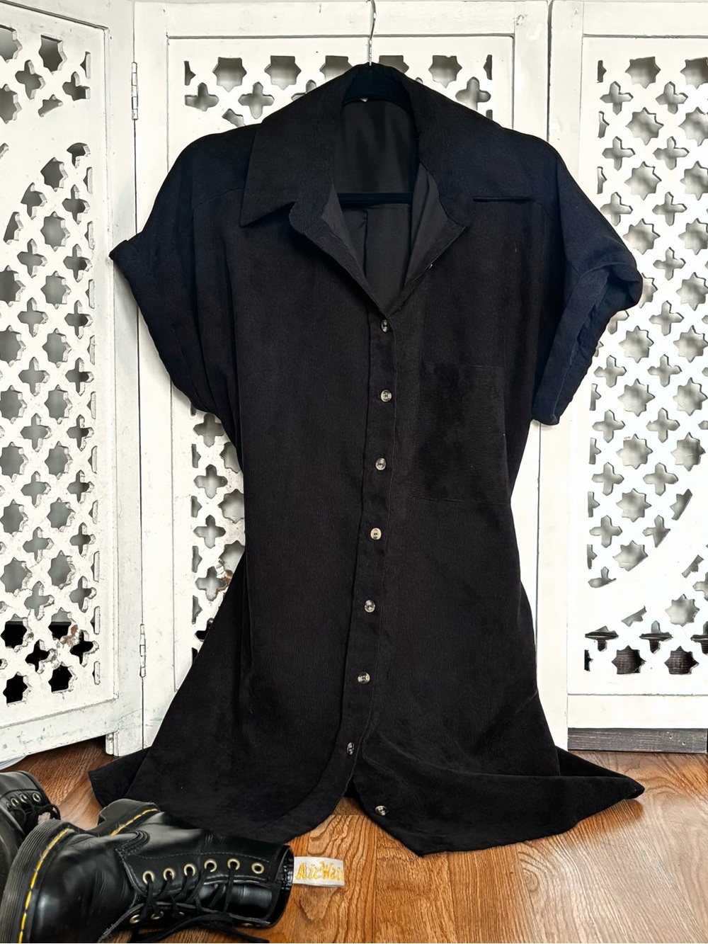 Black Corduroy Oversized Shirt Dress Tunjc Button Front Pocket